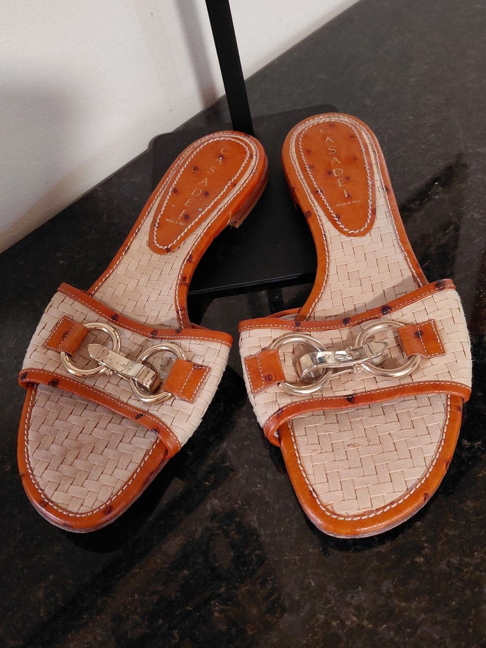 Casadei Woven & Leather  Slide Sandals Flats - Tan Beige US 10 Made In Italy
